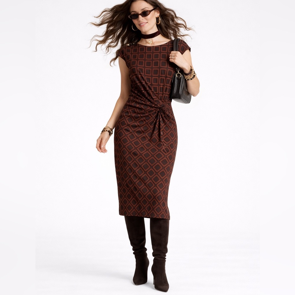Lauren Ralph Lauren Dress Size 8 Brown Black Geometric Knot Sheath Stretch Midi - Picture 13 of 13